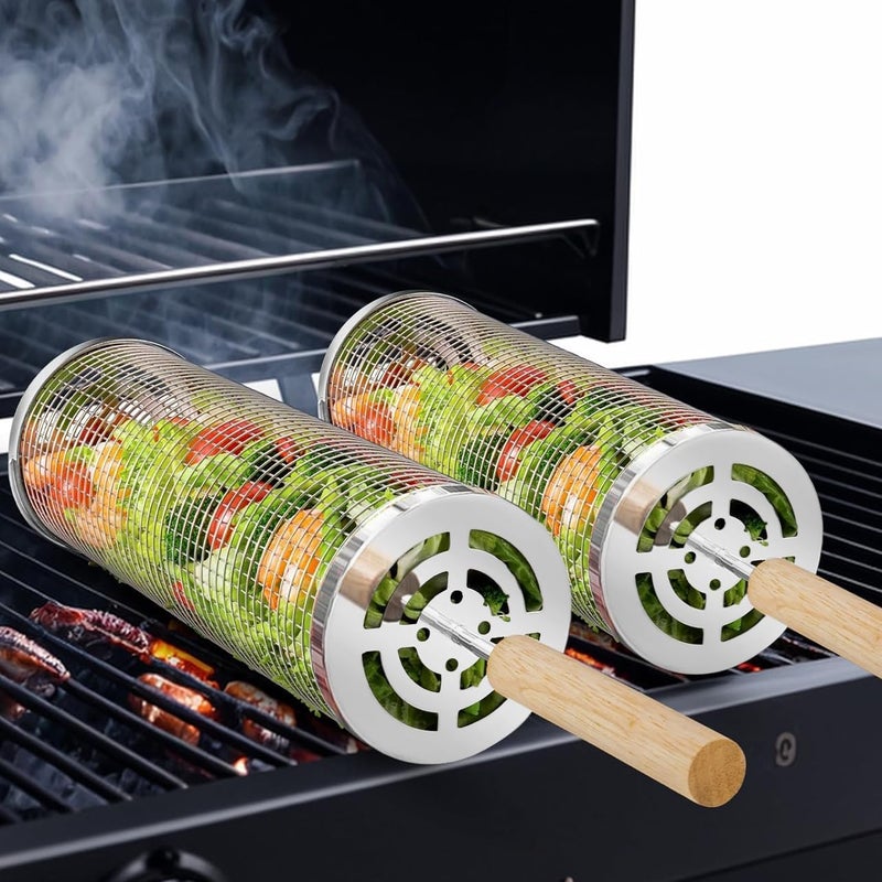 BCHWAY Nesting Grill Baskets (2 PCS), 304 Stainless Steel with Removable Wooden Handle, Rolling Grilling Net, BBQ Accessories Tools for Vegetables Shrimp, Outdoor Camping, Gifts for Men Dad and Husband - Image 1